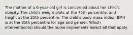 The mother of a 6-year-old girl is concerned about her child's obesity. The child's weight plots at the 75th percentile, and height at the 25th percentile. The child's body mass index (BMI) is at the 85th percentile for age and gender. Which intervention(s) should the nurse implement? Select all that apply.