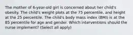 The mother of 6-year-old girl is concerned about her child's obesity. The child's weight plots at the 75 percentile, and height at the 25 percentile. The child's body mass index (BMI) is at the 85 percentile for age and gender. Which interventions should the nurse implement? (Select all apply)