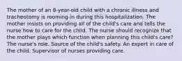 The mother of an 8-year-old child with a chronic illness and tracheotomy is rooming-in during this hospitalization. The mother insists on providing all of the child's care and tells the nurse how to care for the child. The nurse should recognize that the mother plays which function when planning this child's care? The nurse's role. Source of the child's safety. An expert in care of the child. Supervisor of nurses providing care.