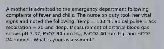 A mother is admitted to the emergency department following complaints of fever and chills. The nurse on duty took her vital signs and noted the following: Temp = 100 °F; apical pulse = 95; respiration = 20 and deep. Measurement of arterial blood gas shows pH 7.37, PaO2 90 mm Hg, PaCO2 40 mm Hg, and HCO3 24 mmol/L. What is your assessment?