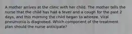 A mother arrives at the clinic with her child. The mother tells the nurse that the child has had a fever and a cough for the past 2 days, and this morning the child began to wheeze. Viral pneumonia is diagnosed. Which component of the treatment plan should the nurse anticipate?