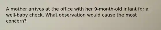 A mother arrives at the office with her 9-month-old infant for a well-baby check. What observation would cause the most concern?