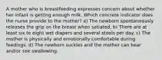 A mother who is breastfeeding expresses concern about whether her infant is getting enough milk. Which concrete indicator does the nurse provide to the mother? a) The newborn spontaneously releases the grip on the breast when satiated. b) There are at least six to eight wet diapers and several stools per day. c) The mother is physically and emotionally comfortable during feedings. d) The newborn suckles and the mother can hear and/or see swallowing.