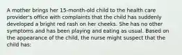 A mother brings her 15-month-old child to the health care provider's office with complaints that the child has suddenly developed a bright red rash on her cheeks. She has no other symptoms and has been playing and eating as usual. Based on the appearance of the child, the nurse might suspect that the child has: