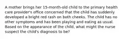 A mother brings her 15-month-old child to the primary health care provider's office concerned that the child has suddenly developed a bright red rash on both cheeks. The child has no other symptoms and has been playing and eating as usual. Based on the appearance of the child, what might the nurse suspect the child's diagnosis to be?