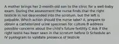 A mother brings her 2-month-old son to the clinic for a well-baby exam. During the assessment the nurse finds that the right testicle in not descended into the scrotum, but the left is palpable. Which action should the nurse take? A. prepare to obtain a catheterized urine specimen for culture B address possible concerns about the child's future fertility C Ask if the right testis has been seen in the scrotum before D Schedule an IV pyelogram to validate presence of testicle