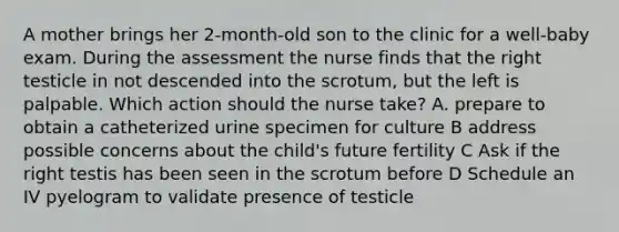 A mother brings her 2-month-old son to the clinic for a well-baby exam. During the assessment the nurse finds that the right testicle in not descended into the scrotum, but the left is palpable. Which action should the nurse take? A. prepare to obtain a catheterized urine specimen for culture B address possible concerns about the child's future fertility C Ask if the right testis has been seen in the scrotum before D Schedule an IV pyelogram to validate presence of testicle