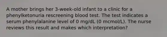 A mother brings her 3-week-old infant to a clinic for a phenylketonuria rescreening blood test. The test indicates a serum phenylalanine level of 0 mg/dL (0 mcmol/L). The nurse reviews this result and makes which interpretation?