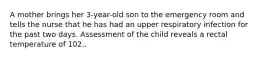 A mother brings her 3-year-old son to the emergency room and tells the nurse that he has had an upper respiratory infection for the past two days. Assessment of the child reveals a rectal temperature of 102..