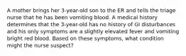 A mother brings her 3-year-old son to the ER and tells the triage nurse that he has been vomiting blood. A medical history determines that the 3-year-old has no history of GI disturbances and his only symptoms are a slightly elevated fever and vomiting bright red blood. Based on these symptoms, what condition might the nurse suspect?