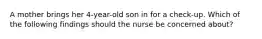 A mother brings her 4-year-old son in for a check-up. Which of the following findings should the nurse be concerned about?