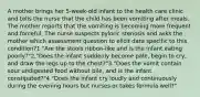 A mother brings her 5-week-old infant to the health care clinic and tells the nurse that the child has been vomiting after meals. The mother reports that the vomiting is becoming more frequent and forceful. The nurse suspects pyloric stenosis and asks the mother which assessment question to elicit data specific to this condition?1."Are the stools ribbon-like and is the infant eating poorly?"2."Does the infant suddenly become pale, begin to cry, and draw the legs up to the chest?"3."Does the vomit contain sour undigested food without bile, and is the infant constipated?"4."Does the infant cry loudly and continuously during the evening hours but nurses or takes formula well?"