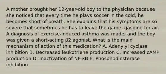 A mother brought her 12-year-old boy to the physician because she noticed that every time he plays soccer in the cold, he becomes short of breath. She explains that his symptoms are so severe that sometimes he has to leave the game, gasping for air. A diagnosis of exercise-induced asthma was made, and the boy was given a short-acting β2 agonist. What is the main mechanism of action of this medication? A. Adenylyl cyclase inhibition B. Decreased leukotriene production C. Increased cAMP production D. Inactivation of NF-κB E. Phosphodiesterase inhibition