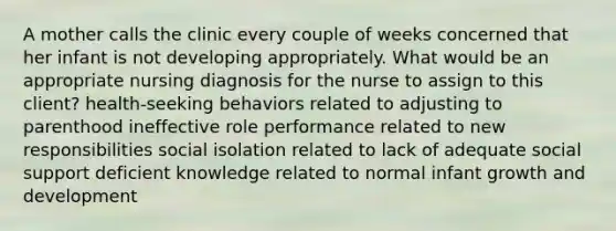 A mother calls the clinic every couple of weeks concerned that her infant is not developing appropriately. What would be an appropriate nursing diagnosis for the nurse to assign to this client? health-seeking behaviors related to adjusting to parenthood ineffective role performance related to new responsibilities social isolation related to lack of adequate social support deficient knowledge related to normal infant growth and development