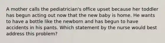 A mother calls the pediatrician's office upset because her toddler has begun acting out now that the new baby is home. He wants to have a bottle like the newborn and has begun to have accidents in his pants. Which statement by the nurse would best address this problem?