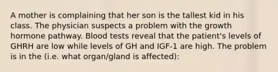 A mother is complaining that her son is the tallest kid in his class. The physician suspects a problem with the growth hormone pathway. Blood tests reveal that the patient's levels of GHRH are low while levels of GH and IGF-1 are high. The problem is in the (i.e. what organ/gland is affected):