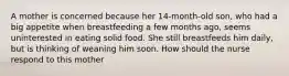 A mother is concerned because her 14-month-old son, who had a big appetite when breastfeeding a few months ago, seems uninterested in eating solid food. She still breastfeeds him daily, but is thinking of weaning him soon. How should the nurse respond to this mother