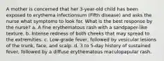 A mother is concerned that her 3-year-old child has been exposed to erythema infectionsum (Fifth disease) and asks the nurse what symptoms to look for. What is the best response by the nurse? a. A fine erythematous rash with a sandpaper-like texture. b. Intense redness of both cheeks that may spread to the extremities. c. Low-grade fever, followed by vesicular lesions of the trunk, face, and scalp. d. 3 to 5-day history of sustained fever, followed by a diffuse erythematous maculopapular rash.