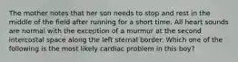 The mother notes that her son needs to stop and rest in the middle of the field after running for a short time. All heart sounds are normal with the exception of a murmur at the second intercostal space along the left sternal border. Which one of the following is the most likely cardiac problem in this boy?