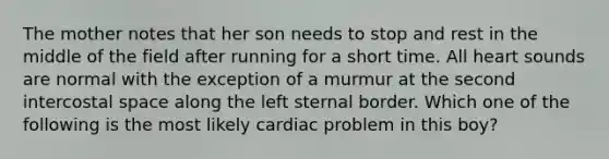 The mother notes that her son needs to stop and rest in the middle of the field after running for a short time. All heart sounds are normal with the exception of a murmur at the second intercostal space along the left sternal border. Which one of the following is the most likely cardiac problem in this boy?