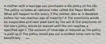 A mother with a teenage son purchases a life policy on his life. The policy includes an optional rider called the Payor Benefit. What will happen to the policy if the mother dies or is disabled before her son reaches age of majority? A The premiums would be suspended and later paid back by the son B The premiums on the son's policy would be waived until the son reaches a specified age C The amount of coverage is reduced as the policy is paid up D The policy would pay out a modest lump sum to the beneficiary