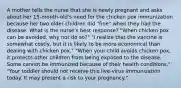 A mother tells the nurse that she is newly pregnant and asks about her 15-month-old's need for the chicken pox immunization because her two older children did "fine" when they had the disease. What is the nurse's best response? "When chicken pox can be avoided, why not do so?" "I realize that the vaccine is somewhat costly, but it is likely to be more economical than dealing with chicken pox." "When your child avoids chicken pox, it protects other children from being exposed to the disease. Some cannot be immunized because of their health conditions." "Your toddler should not receive this live-virus immunization today. It may present a risk to your pregnancy."