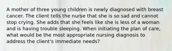 A mother of three young children is newly diagnosed with breast cancer. The client tells the nurse that she is so sad and cannot stop crying. She adds that she feels like she is less of a woman and is having trouble sleeping. When initiating the plan of care, what would be the most appropriate nursing diagnosis to address the client's immediate needs?