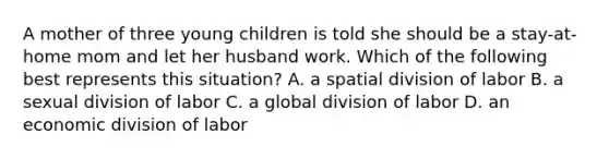 A mother of three young children is told she should be a stay-at-home mom and let her husband work. Which of the following best represents this situation? A. a spatial division of labor B. a sexual division of labor C. a global division of labor D. an economic division of labor