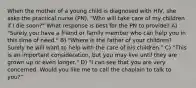 When the mother of a young child is diagnosed with HIV, she asks the practical nurse (PN), "Who will take care of my children if I die soon?" What response is best for the PN to provide? A) "Surely you have a friend or family member who can help you in this time of need." B) "Where is the father of your children? Surely he will want to help with the care of his children." C) "This is an important consideration, but you may live until they are grown up or even longer." D) "I can see that you are very concerned. Would you like me to call the chaplain to talk to you?"