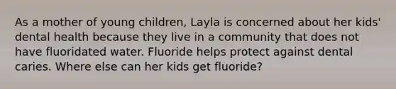 As a mother of young children, Layla is concerned about her kids' dental health because they live in a community that does not have fluoridated water. Fluoride helps protect against dental caries. Where else can her kids get fluoride?