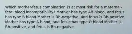 Which mother-fetus combination is at most risk for a maternal-fetal blood incompatibility? Mother has type AB blood, and fetus has type B blood Mother is Rh-negative, and fetus is Rh-positive Mother has type A blood, and fetus has type O blood Mother is Rh-positive, and fetus is Rh-negative