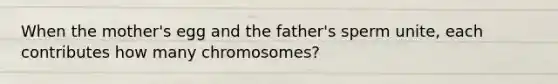 When the mother's egg and the father's sperm unite, each contributes how many chromosomes?