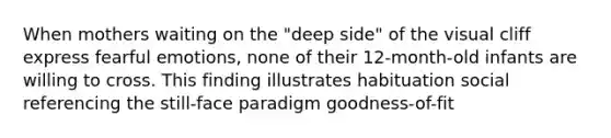 When mothers waiting on the "deep side" of the visual cliff express fearful emotions, none of their 12-month-old infants are willing to cross. This finding illustrates habituation social referencing the still-face paradigm goodness-of-fit