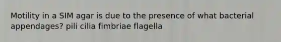 Motility in a SIM agar is due to the presence of what bacterial appendages? pili cilia fimbriae flagella