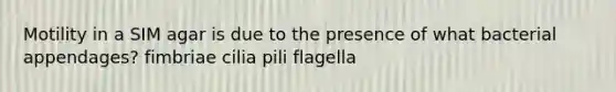 Motility in a SIM agar is due to the presence of what bacterial appendages? fimbriae cilia pili flagella