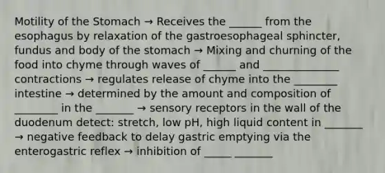 Motility of the Stomach → Receives the ______ from the esophagus by relaxation of the gastroesophageal sphincter, fundus and body of the stomach → Mixing and churning of the food into chyme through waves of ______ and ______________ contractions → regulates release of chyme into the ________ intestine → determined by the amount and composition of ________ in the _______ → sensory receptors in the wall of the duodenum detect: stretch, low pH, high liquid content in _______ → negative feedback to delay gastric emptying via the enterogastric reflex → inhibition of _____ _______