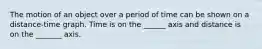 The motion of an object over a period of time can be shown on a distance-time graph. Time is on the ______ axis and distance is on the _______ axis.