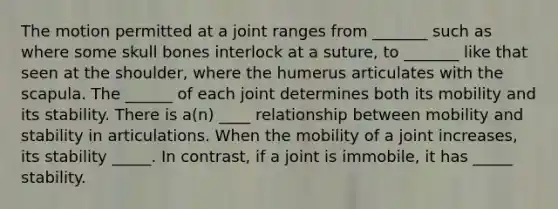 The motion permitted at a joint ranges from _______ such as where some skull bones interlock at a suture, to _______ like that seen at the shoulder, where the humerus articulates with the scapula. The ______ of each joint determines both its mobility and its stability. There is a(n) ____ relationship between mobility and stability in articulations. When the mobility of a joint increases, its stability _____. In contrast, if a joint is immobile, it has _____ stability.