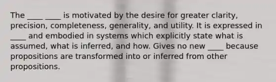 The ____ ____ is motivated by the desire for greater clarity, precision, completeness, generality, and utility. It is expressed in ____ and embodied in systems which explicitly state what is assumed, what is inferred, and how. Gives no new ____ because propositions are transformed into or inferred from other propositions.