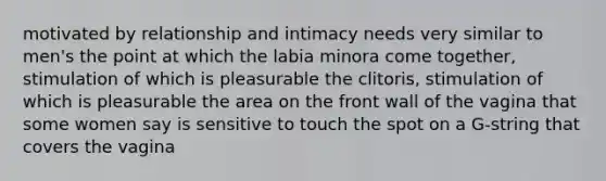 motivated by relationship and intimacy needs very similar to men's the point at which the labia minora come together, stimulation of which is pleasurable the clitoris, stimulation of which is pleasurable the area on the front wall of the vagina that some women say is sensitive to touch the spot on a G-string that covers the vagina