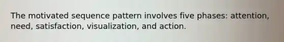 The motivated sequence pattern involves five phases: attention, need, satisfaction, visualization, and action.