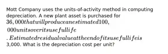 Mott Company uses the units-of-activity method in computing depreciation. A new plant asset is purchased for 36,000 that will produce an estimated 100,000 units over its useful life. Estimated residual value at the end of its useful life is3,000. What is the depreciation cost per unit?