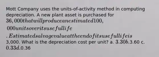 Mott Company uses the units-of-activity method in computing depreciation. A new plant asset is purchased for 36,000 that will produce an estimated 100,000 units over its useful life. Estimated salvage value at the end of its useful life is3,000. What is the depreciation cost per unit? a. 3.30 b.3.60 c. 0.33 d.0.36