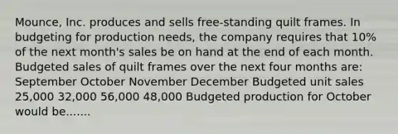 Mounce, Inc. produces and sells free-standing quilt frames. In budgeting for production needs, the company requires that 10% of the next month's sales be on hand at the end of each month. Budgeted sales of quilt frames over the next four months are: September October November December Budgeted unit sales 25,000 32,000 56,000 48,000 Budgeted production for October would be.......