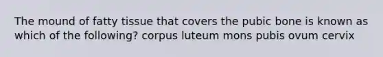 The mound of fatty tissue that covers the pubic bone is known as which of the following? corpus luteum mons pubis ovum cervix