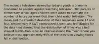 The mount a television viewed by today's youth is primarily concerned to parents against watching television. 300 parents of elementary school aged children were asked to estimate the number of hours per week that their child watch television. The mean and the standard deviation of their responses were 17 and four, respectively. P AWT constructed A stem and leaf display for the data that showed that the distribution of times was a bell shaped distribution. Give an interval around the mean where you believe most approximately 95% of the television viewing times fell in distribution.