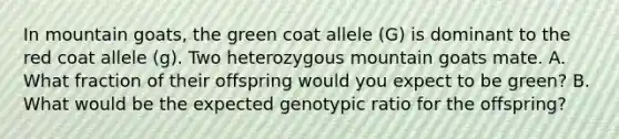 In mountain goats, the green coat allele (G) is dominant to the red coat allele (g). Two heterozygous mountain goats mate. A. What fraction of their offspring would you expect to be green? B. What would be the expected genotypic ratio for the offspring?