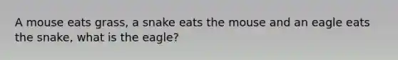 A mouse eats grass, a snake eats the mouse and an eagle eats the snake, what is the eagle?