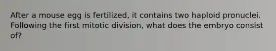 After a mouse egg is fertilized, it contains two haploid pronuclei. Following the first mitotic division, what does the embryo consist of?