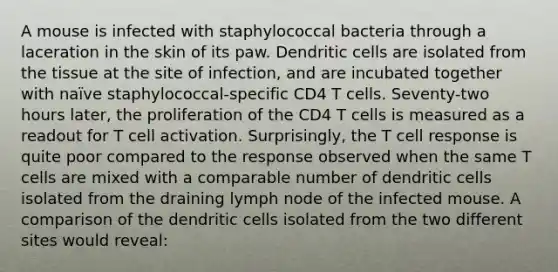 A mouse is infected with staphylococcal bacteria through a laceration in the skin of its paw. Dendritic cells are isolated from the tissue at the site of infection, and are incubated together with naïve staphylococcal-specific CD4 T cells. Seventy-two hours later, the proliferation of the CD4 T cells is measured as a readout for T cell activation. Surprisingly, the T cell response is quite poor compared to the response observed when the same T cells are mixed with a comparable number of dendritic cells isolated from the draining lymph node of the infected mouse. A comparison of the dendritic cells isolated from the two different sites would reveal: